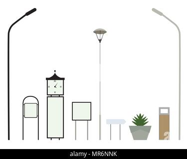 Set of elements in a street or park - vector, flat design Stock Vector