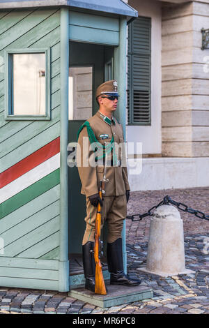 Budapest, Hungary - September 19, 2015: Ceremonial guard at the Presidential Palace. They guard the entrance of the Presidents office in the Sandor Pa Stock Photo