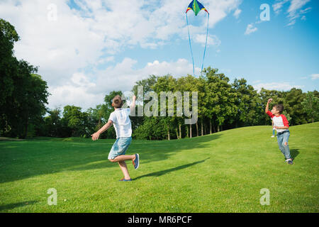 Cute happy boys playing with kite on green meadow in park Stock Photo
