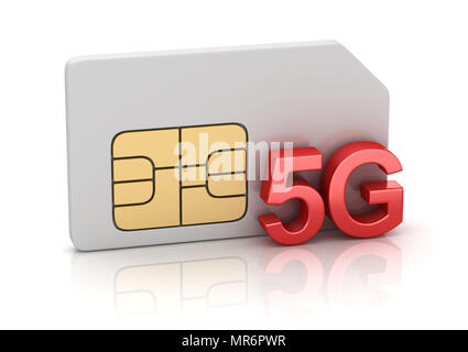 Sim Card with 5g , This is a 3d rendered computer generated image. Isolated on white. Stock Photo