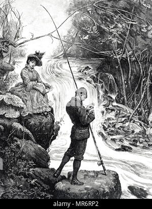 Cartoon depicting a couple enjoying a day of fishing. Dated 19th century Stock Photo