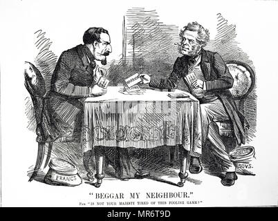 Cartoon depicting Henry John Temple, 3rd Viscount Palmerston and Napoleon III playing 'Beggar my Neighbour' for command of the seas. Britain's 'Warrior' has not-played France's 'Gloire'. Henry John Temple, 3rd Viscount Palmerston (1784-1865) a British statesman who served twice as Prime Minister of Great Britain. Louis-Napoléon Bonaparte (1808-1873)  the first Head of State of France to hold the title of President, the first elected by a direct popular vote. Dated 19th century Stock Photo