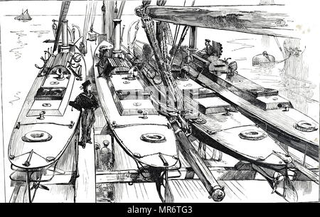 Engraving depicting torpedo boats up on the deck of the HMS Heda, a Royal navy torpedo depot shop. Dated 19th century