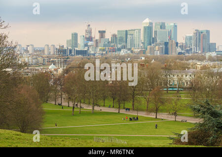 London, UK – MAR 2018: View of Canary Wharf from Greenwich Stock Photo