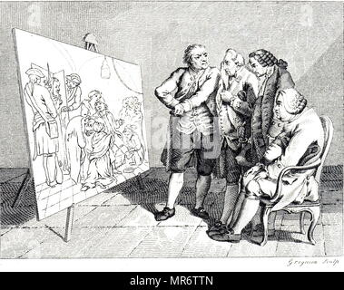 Engraving depicting four connoisseur's looking at Daniel Chodowiecki's painting. Daniel Chodowiecki (1726-1801) a Polish-and later German- painter and printmaker.  Engraving by Reynolds Grignion.  Dated 18th century Stock Photo