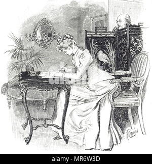 Engraving depicting a young woman writing a letter. Dated 19th century