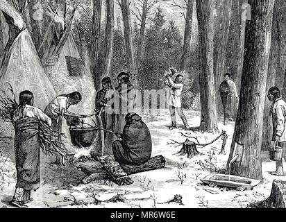 Engraving depicting North American Indians gathering maple sap and boiling it down into syrup and sugar. Dated 19th century Stock Photo