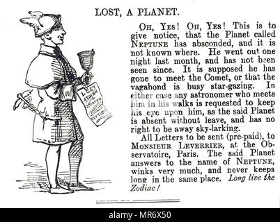 Cartoon commenting on Urbain Le Verrier's discovery of the planet Neptune. Urbain Le Verrier (1811-1877) a French mathematician who specialized in celestial mechanics and is best known for predicting the existence and position of Neptune using only mathematics. Dated 19th century Stock Photo