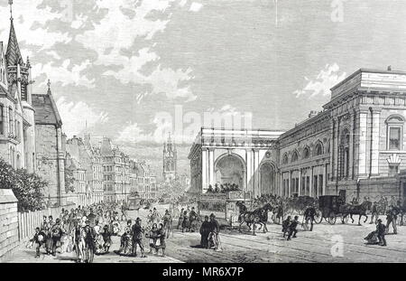 Engraving depicting a street scene in Newcastle upon Tyne during the 19th century. Horse-drawn trams can be seen outside of the Central Railway Station. Dated 19th century Stock Photo