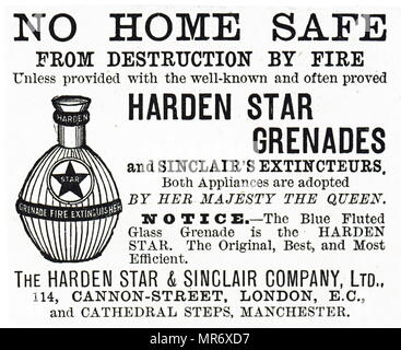 Advertisement for the harden grenade fire extinguisher, which produced ammonia and carbon dioxide, starving the fire of oxygen. Dated 19th century Stock Photo