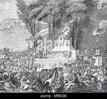 Engraving depicting the Fountain of Regeneration built out of the rubble of the Bastille. Dated 18th century Stock Photo