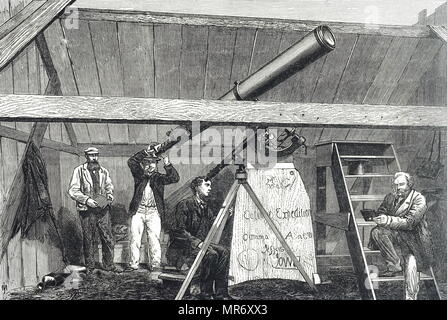 Engraving depicting the Canadian Eclipse Expedition preparing to observe the total solar eclipse in 1869 from Jefferson City, Iowa. Dated 19th century Stock Photo