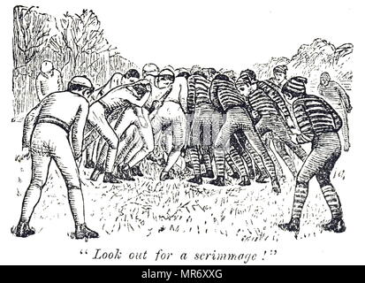 Illustration depicting a scrimmage during a game of rugby. A scrum is an ordered formation of players, used to restart play, in which the forwards of a team form up with arms interlocked and heads down, and push forward against a similar group from the opposing side. The ball is thrown into the scrum and the players try to gain possession of it by kicking it backwards towards their own side. Dated 19th century Stock Photo