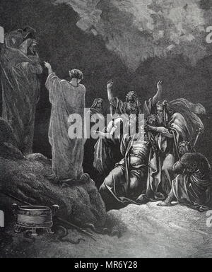 Engraving depicting Saul and the Witch of Endor. Saul tries to communicate with the dead Samuel through the Witch of Endor. She brings Samuel 'out of the earth' (necromancy) when Saul has promised to take no action against her as a witch. Dated 19th century Stock Photo