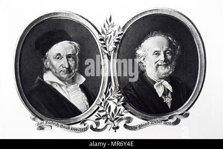 Portraits of Carl Friedrich Gauss and Wilhelm Eduard Weber. Carl Friedrich Gauss (1777-1855) a German mathematician. Wilhelm Eduard Weber (1804-1891) a German physicist and, together with Gauss, inventor of the first electromagnetic telegraph. Dated 19th century Stock Photo