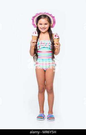 Girl Swimsuit Ice Cream Hand Stock Photo 672248317