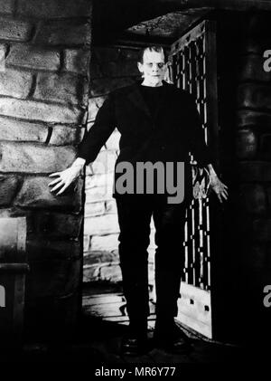 Boris Karloff in Bride of Frankenstein 1935. William Henry Pratt (1887 – 1969), known as Boris Karloff, was an English actor who was primarily known for his roles in horror films. He portrayed Frankenstein's monster in Frankenstein (1931), Bride of Frankenstein (1935), and Son of Frankenstein (1939). Stock Photo