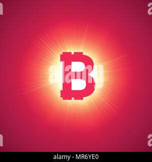 Orange bitcoin cryptocurrency in the bright rays on a pink background Stock Vector