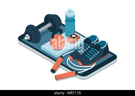 Fitness, training and workout app: sports equipment and icons on a touch screen smartphone Stock Vector
