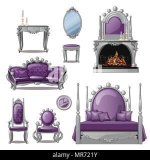 A set of furniture and accessories for living room interior in grey and purple. Vintage style. Vector illustration. Stock Vector