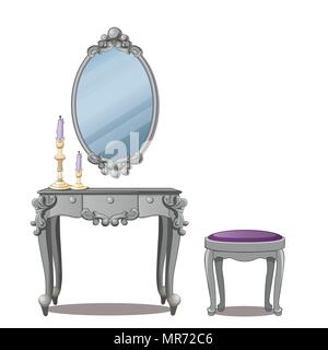 A vintage table for cosmetics and a mirror with frame, isolated on white background. Vector illustration. Stock Vector