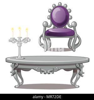 Vintage table with candle and chair isolated on a white background. Vector illustration. Stock Vector