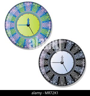 Round dial wall clock with striking ornament of the dial. Vector illustration. Stock Vector