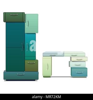 The wardrobe and Desk consists of modules isolated on a white background. Vector cartoon close-up illustration. Stock Vector