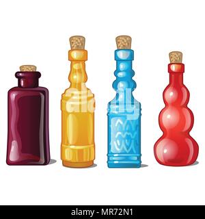 A set of notched glass colored bottles. Vector illustration. Stock Vector