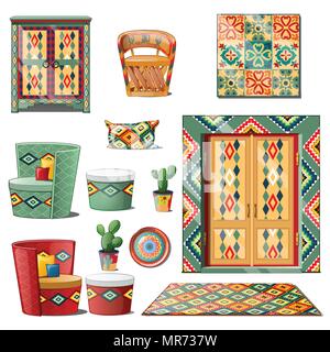 Set interior Mexican style isolated on white background. Vector illustration. Stock Vector