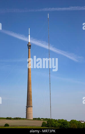 A view of the Emley Moor Transmission mast together with the temporary mast erected adjacent to it while maintenance is undertaken on the original mast Stock Photo