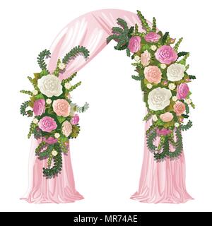 Wedding arch decorated with pink curtain and flower buds. Vector illustration. Stock Vector