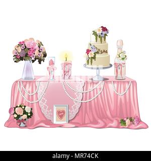 Decorated table with wedding paraphernalia isolated on white background. Vector cartoon close-up illustration. Stock Vector