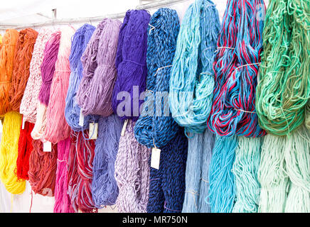 Yarn Booth at The Railyard, Santa Fe, New Mexico. Farmers markets twice a week bring out assorted artisansm crafts, tourists, and entertainments, with Stock Photo