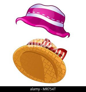 Two summer womens hats in vintage style isolated on white background. Vector cartoon close-up illustration. Stock Vector