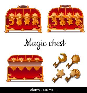 Three red chest with four locks and keys. Vector illustration. Stock Vector