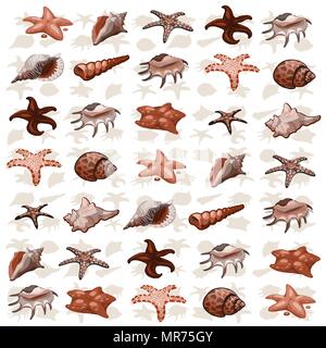 The texture of seashells and starfish. Sketch for a card or poster on a marine theme. Vector illustration. Stock Vector