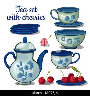Tea set and ripe cherry isolated on a white background. Vector cartoon close-up illustration. Stock Vector
