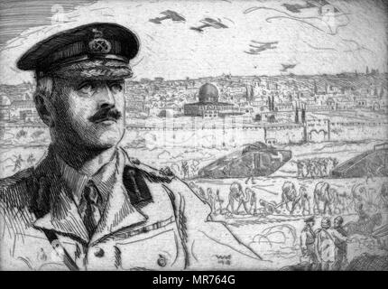 Drawing celebrating the Entry of Allenby to Jerusalem in 1917, following the surrender of the Ottoman Turks in Palestine during  World War One. Stock Photo
