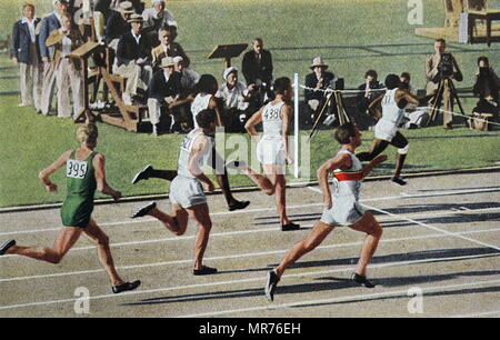Photograph of the 200 meter contest at the 1932 Olympics. The race was held on the fourth day of competition, Eddie Tolan stumbled slightly with three yards to go, but righted himself and finished with a four foot lead. Eddie Tolan was dubbed the 'world's fastest human. Dated 20th Century Stock Photo