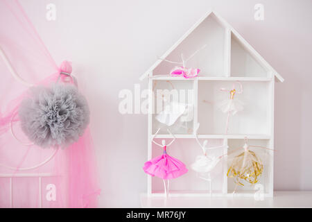 Wood house shelf for child room and pink canopy Stock Photo