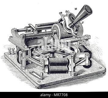 Engraving depicting a 'new' Edison phonograph. The phonograph was invented in 1877, for the mechanical recording and reproduction of sound by Thomas Edison. Thomas Edison (1847-1931) an American inventor and businessman. Dated 19th century Stock Photo