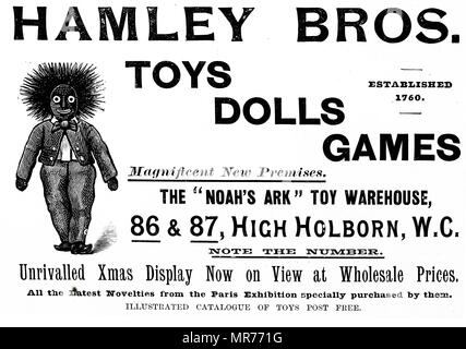 Advertisement for Hamleys Toy Shop. Hamleys is the oldest and largest toy shop in the world and one of the world's best-known retailers of toys. Founded by William Hamley as 'Noah's Ark' in High Holborn, London, in 1760, it moved to its current site on Regent Street in 1881. Dated 19th century Stock Photo