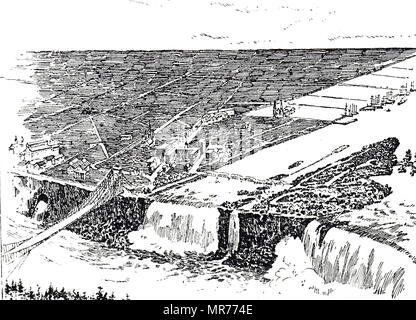 Engraving depicting a bird's-eye view of Niagara Falls, showing docks, and factories, etc. A scheme put forward to run a tunnel 10m in diameter from the base of American Falls to a point 1 or 2 miles up river finishing 30m below the surface. Water drawn from river into tunnel would give sufficient head to drive dynamos, 1 million hp expected. Dated 19th century Stock Photo