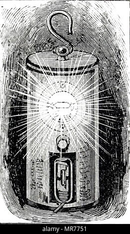 Engraving depicting Joseph Swan's combined battery-powered safety lamp and fire-damp indicator which gave just over 1 candle power for 10 hours. The fire-damp indicator at the bottom was made of fine platinum wire and when fire-damp was present it glowed abnormally bright. Sir Joseph Wilson Swan (1828-1914) an English physicist, chemist and inventor. Dated 19th century Stock Photo