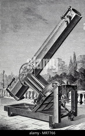 Engraving depicting Léon Foucault's silver-on-glass reflecting telescope. Léon Foucault (1819-1868) a French physicist best known for his demonstration of the Foucault pendulum, a device demonstrating the effect of the Earth's rotation. Dated 19th century Stock Photo