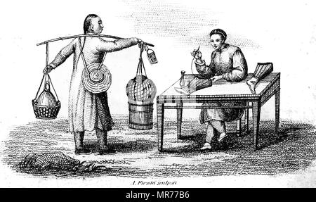 Engraving depicting a Chinese woman making stockings. These were not knitted as in Europe, but made of sewn fabric and lined with cotton. The viper seller had snakes for food and for medicinal purposes. Dated 19th century