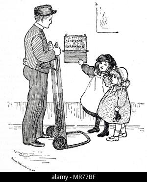 Cartoon depicting orphans begging for a donation from a delivery man. Dated 20th century Stock Photo