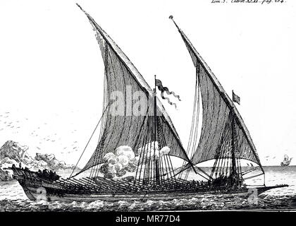 Woodblock engraving depicting a Galley under sail. By the eighteenth century galleys were scarcely ever seen outside the Mediterranean, and they were generally powered by convict labour. Dated 18th century Stock Photo