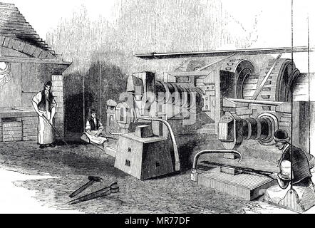 Engraving depicting the shearing of blistered steel to produce a higher quality steel - Sheffield. The shearers sat in swinging seats so that they could manoeuvre the bars being beaten under the hammers. Dated 19th century Stock Photo